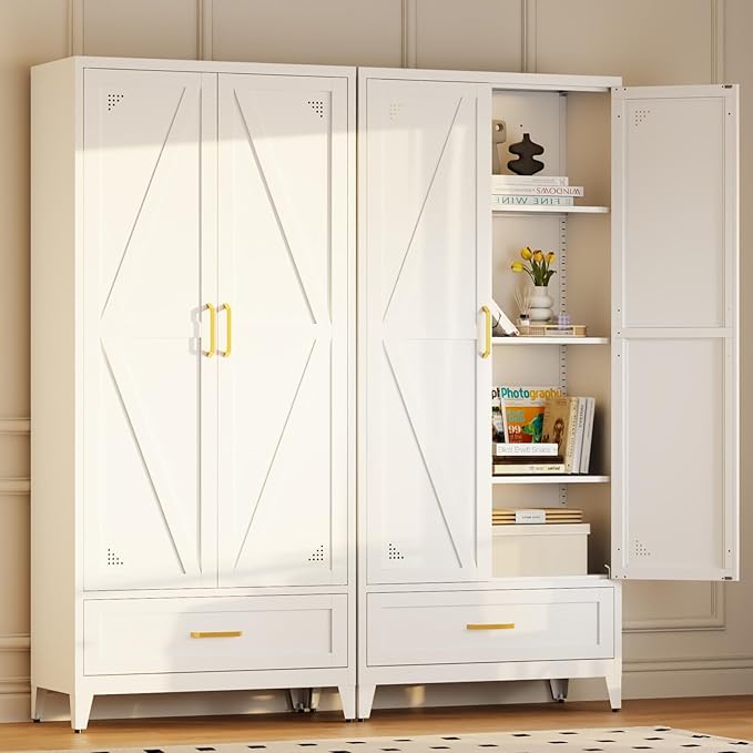 71" White Kitchen Pantry Cabinet,4-Tier Tall Metal Storage Cabinet with Drawer,Freestanding Display Steel Cupboard for Dining Room,Living Room,Hallway,Bathroom