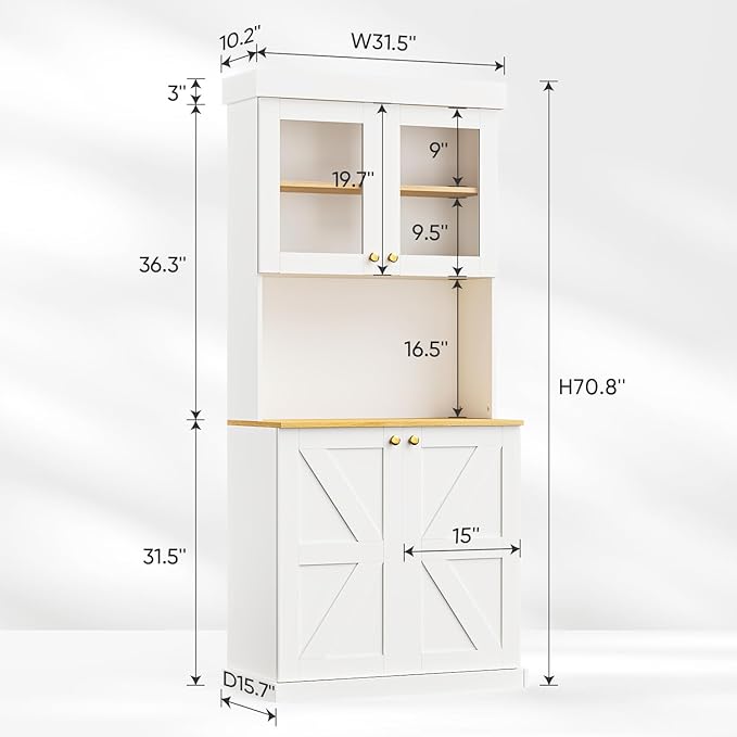 71" Tall Farmhouse Kitchen Pantry, Large Storage Cabinet with Glass Doors, Freestanding Coffee Bar Hutch with Microwave Stand, Adjustable Shelves for Kitchen, Living Room, White 4 Pcs