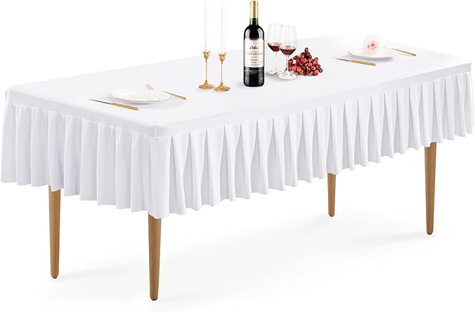 Wish Care White Spandex Table Clothes for 8 Foot Rectangle Tables Wrinkle Free Stretch Fitted Tablecloth 8ft Pleated Ruffle Elastic Table Cover Skirt for Banquet Dining Outdoor Home Party Tablecloth