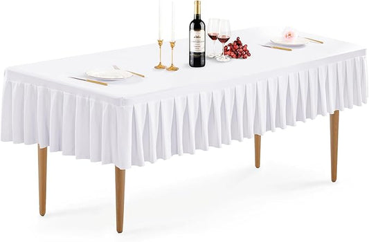 Wish Care White Spandex Table Clothes for 8 Foot Rectangle Tables Wrinkle Free Stretch Fitted Tablecloth 8ft Pleated Ruffle Elastic Table Cover Skirt for Banquet Dining Outdoor Home Party Tablecloth