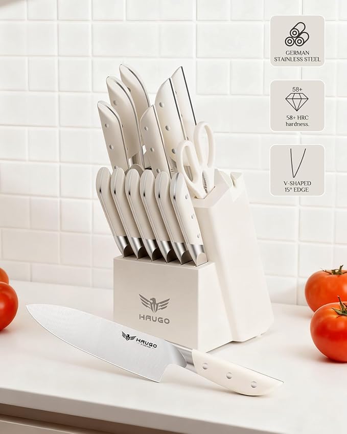 Kitchen Knife Set - Haugo 14 PCS Cream White Knife Set with Block and Sharpener - German Stainless Steel - Full Tang Knife Block Set and Ergonomic Handle - Obsidian Series