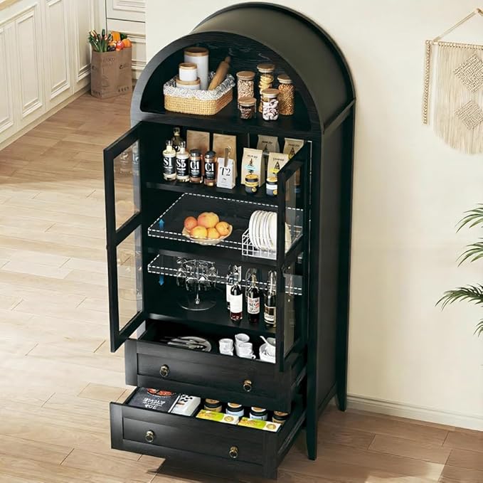 71" Tall Arched Kitchen Pantry, Arched Cabinet, Kitchen Storage Cabinets with 2 Large Drawers & Adjustable Shelves & Glass Door for Living Room, Dining Room, Black