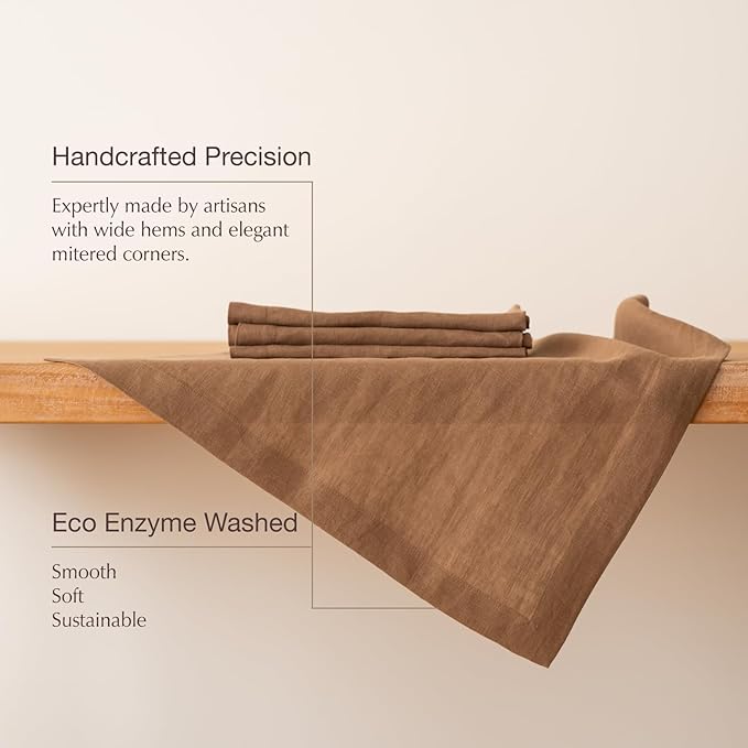 KNOKNO Home Pure Hemp Placemats 18 x 18 Inch Set of 4 Handcrafted with Mitered Corners Natural Fabric,Machine Washable Table Mats for Dining Tables (Chocolate Brown, Napkins | Set of 4)