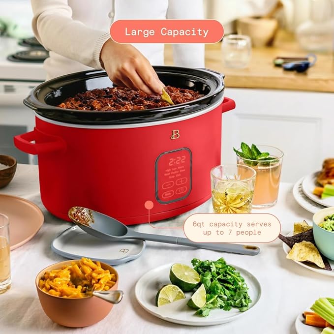 Beautiful 6 Quart Programmable Slow Cooker by Drew Barrymore ??Large Capacity, Ceramic Removable Pot, Tempered Glass Lid, Dishwasher Safe, Auto Keep Warm (Tomato Red)