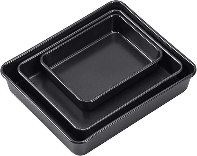 CAMOFOXIN Nonstick Roasting Pan, Deep Baking Pan Set, Large Cake Pan Sets for Oven, 3-Piece Brownie Pan （Black）