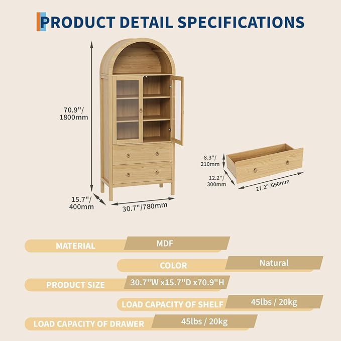 CuisinSmart 71" Display Arched Storage Cabinet, Kitchen Pantry with Tempered Glass Doors, 2 Large Drawers and Adjustable Shelves, Arched Bookshelf Cabinet for Dining Room Kitchen Office- Natural