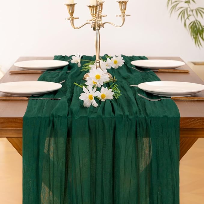 Socomi Emerald Green Cheesecloth Table Runner Valentine's Day Boho Rustic Gauze 120 inch 10FT Cheese Cloth Runner for Wedding Party Baby Shower Birthday Home Decor Holiday Decorations
