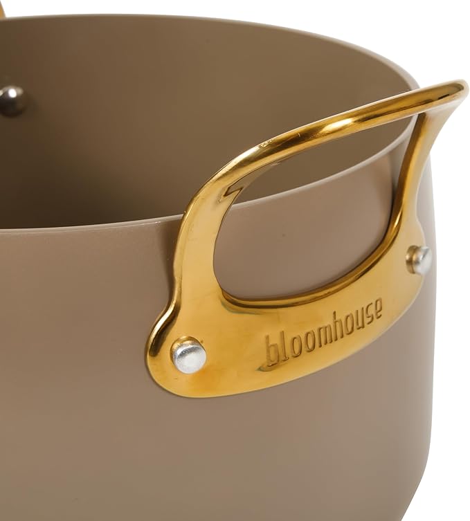 Bloomhouse - Two Time Oprah's Favorite Things Winner - 8 Quart Stock Pot w/Lid ??PFAS-Free Ceramic Nonstick Dutch Oven Heavy Duty Aluminum Oven Safe Dishwasher Safe Cappuccino Cream w/Gold Handles