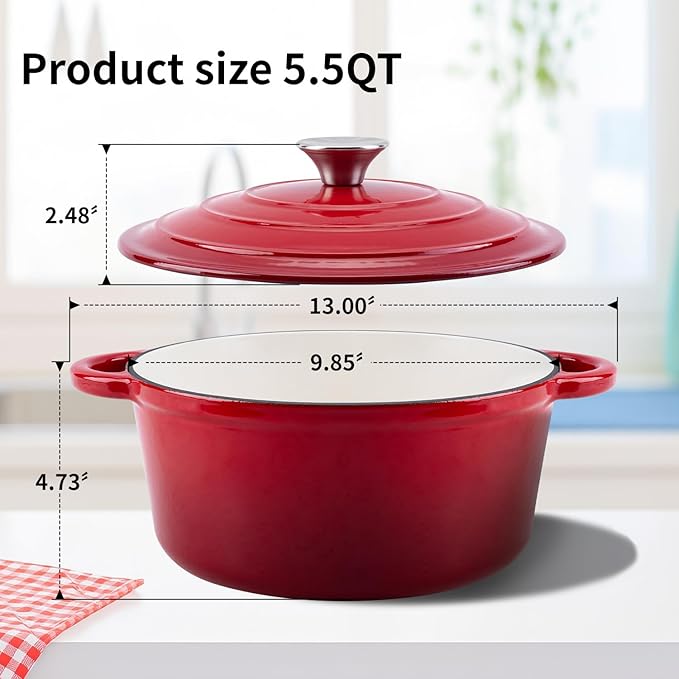 Enameled Cast Iron Dutch Oven Pot with Lid Heavy-Duty Cookware for Bread Baking,Braising,Stews,Roasting,Oven Safe up to 500째F,5.5QT,red