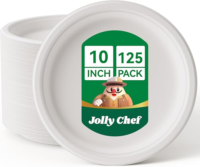 JOLLY CHEF Compostable Heavy Duty Plates ?윮?윭 ?뿙?뿻?뿰?뿵 [?윮?윯?윶 ?뿣?뿮?뿰?뿸] Eco-Friendly Disposable White Paper Plates Made of Bagasse Biodegradable for Party Dinner Sugarcane Fibers Thanksgiving Day
