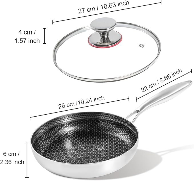 stainless steel 10" induction skillet non-stick eggs, hybrid non-stick skillet for induction, oven, broiler & dishwasher, non-toxic chef's pan, pfoa-free cookware