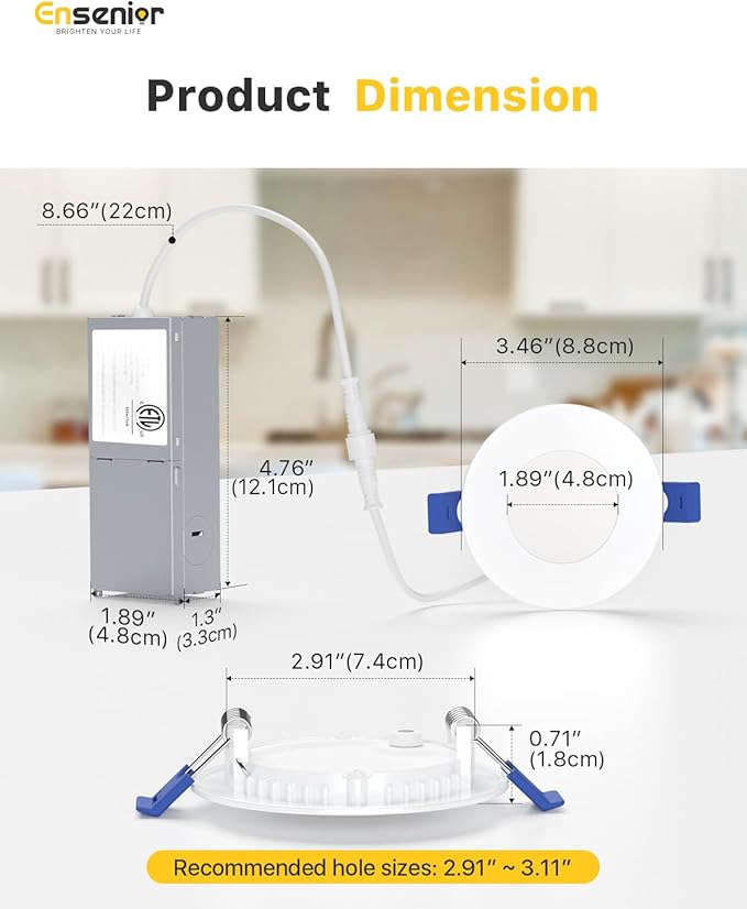Ensenior 4 Pack 3 Inch LED Recessed Light, Dimmable, 2700K-5000K 5CCT, 500LM High Brightness, 6W 120V, Damp Rated, Ultra-Thin Canless Wafer Light - ETL & FCC & IC