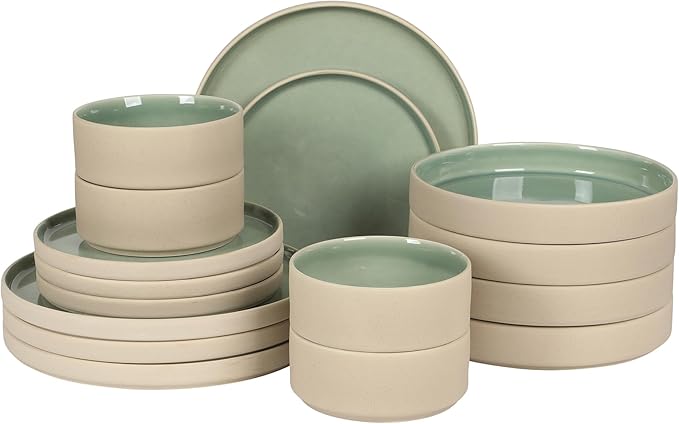 Gibson Elite Liberty Bay 16-Piece Pottery Clay Stoneware Dinnerware Set ??Mint Green Reactive Glaze, Stackable Plates and Bowls W/Pasta Bowl, Service for 4 ??Microwave & Dishwasher Safe
