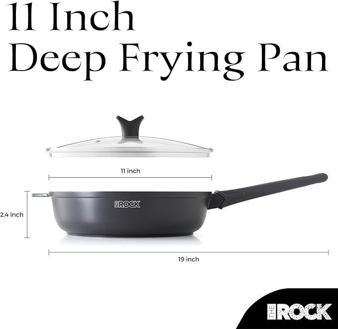 THE ROCK SOHO 4 Qt Nonstick Deep Frying Pan Skillet with Glass Lid, 11 Inch Large Deep Frying Pan, Non Stick Saute Pan ??Stay-cool Handle, Induction Compatible, Oven & Dishwasher Safe, Black