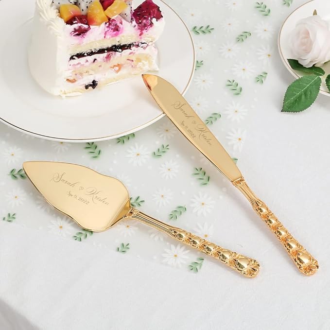 Wedding Cake Knife and Server Set, Personalized Gold Cake Cutting Set for Wedding, Engraved Classic Cake Knives Cutter Set, Pie Server, Birthday Bridal Quincea챰era Gift (CUS-Bow)
