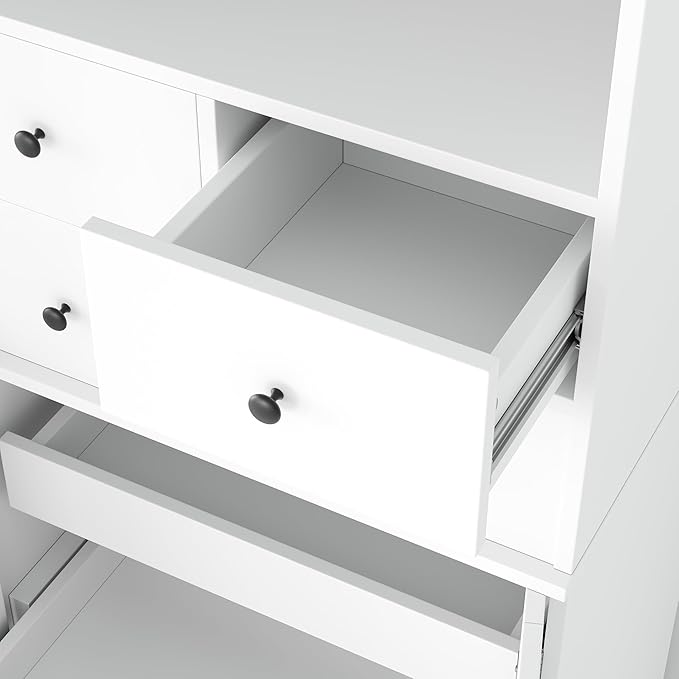 75-inch Tall Kitchen Pantry Cabinet, Freestanding Buffet with Hutch, Storage Cabinet with 4 Drawers, Door Shelves and Pull-Out Trays for Dining Room (White + MDF + Farmhouse)