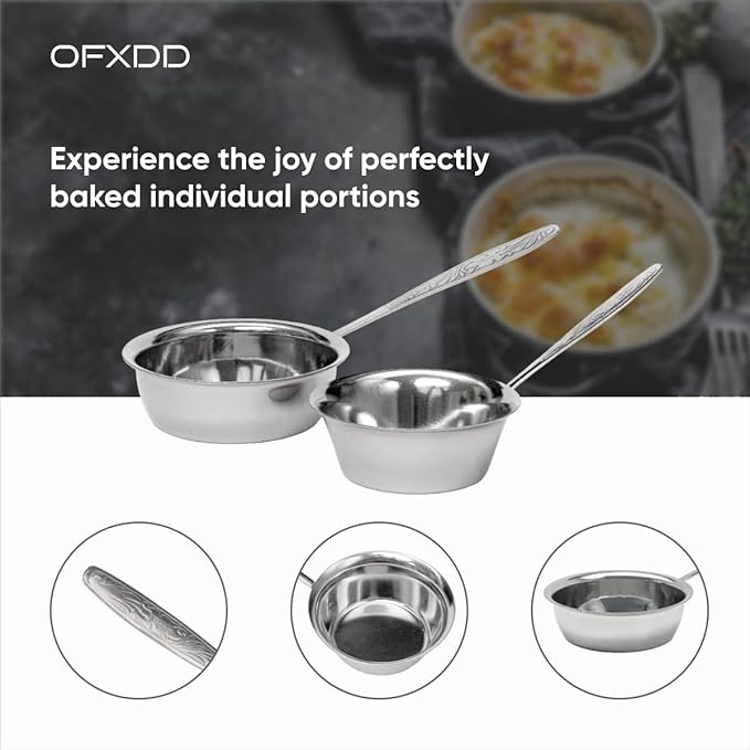 2 Pcs Cocotte 3.15 Inch and 2 Pcs Cocotte 3.54 Inch - Mini Cocotte with Handle - Ramekin for Baking Julienne, of Stainless Steel, Oven Safe, OFXDD