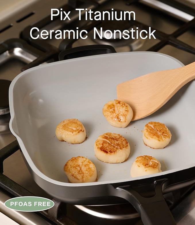 10.5 Inch(3.8QT) Ceramic Pan with Lid,Non Stick Frying Pans Cast Aluminum Deep Saut챕 Pans,Ti-Ceramic Non Toxic Pix Pan with Wooden Spatula and Scrubber-Midnight Hearth