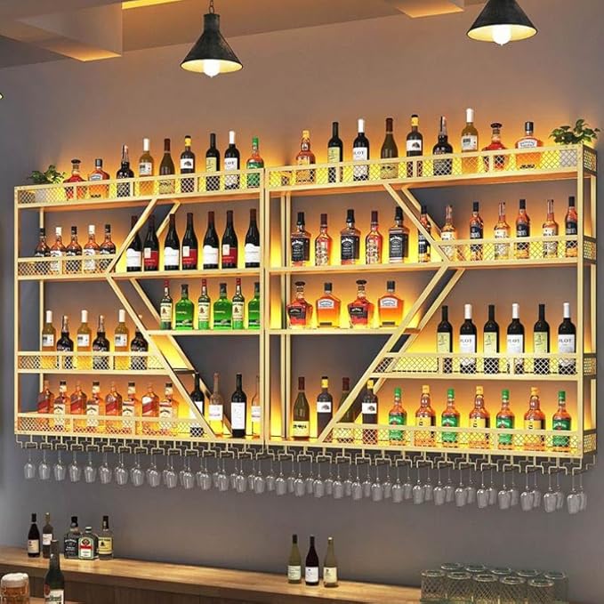 Wall Mounted Wine Rack, Large Metal Wine Bottle Holder, Modern Fashion Diamond Shaped Floating Bar Unit Wine Storage Shelves, for Home Restaurant Bars Decor (Gold, 4 Tier - 95in)