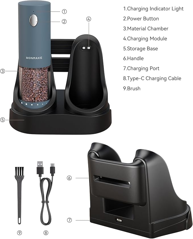 Electric Salt and Pepper Grinder Set - Automatic Refillable Salt and Pepper Grinders with Charging Base & LED Light, 6-Level Adjustable Coarseness with External Dial, Ideal Kitchen Gadget竊똁lue
