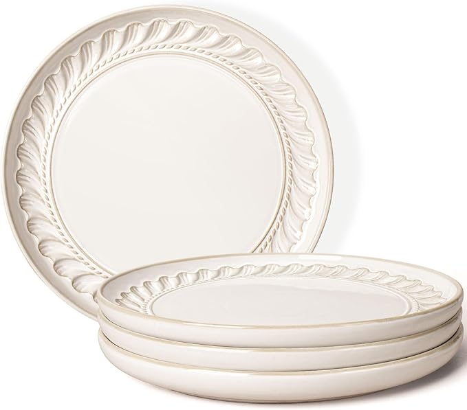 Artena Large Ceramic Dinner Plates Set Of 4, 10.75 Inch Embossed Kitchen Salad Plates, Modern Serving Plates For Restaurant, Plates With Lipped Edges, Microwave Dishwasher Safe (Willow Leaf)