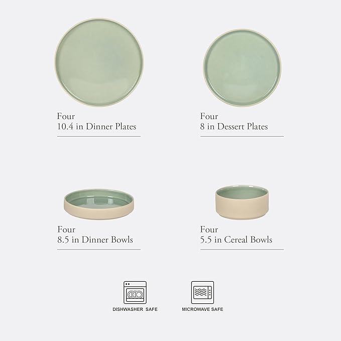 Gibson Elite Liberty Bay 16-Piece Pottery Clay Stoneware Dinnerware Set ??Mint Green Reactive Glaze, Stackable Plates and Bowls W/Pasta Bowl, Service for 4 ??Microwave & Dishwasher Safe