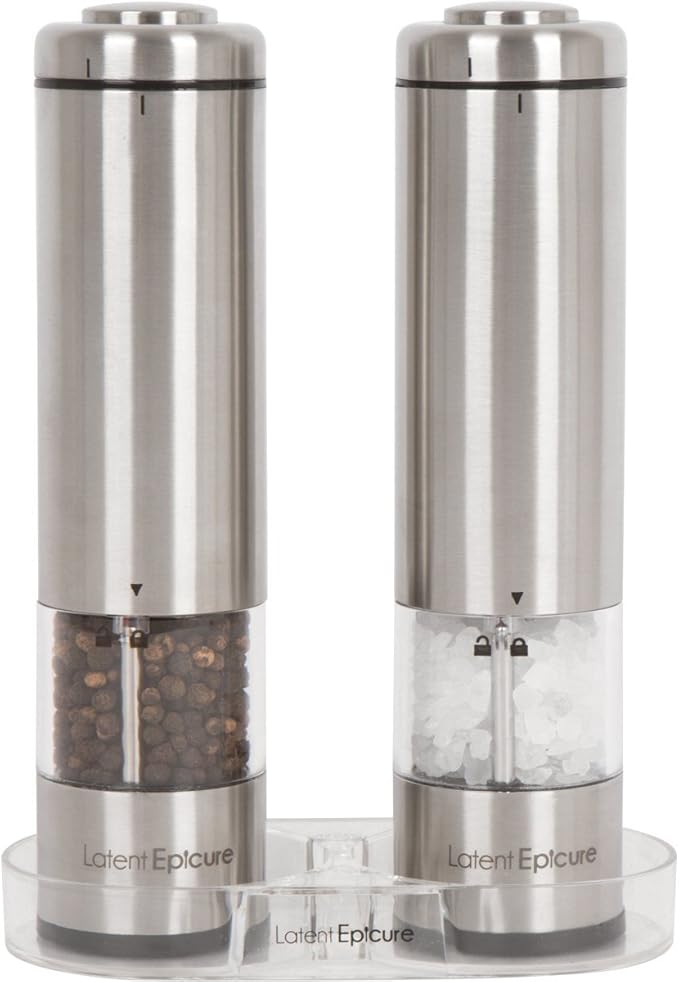 Electric Salt & Pepper Grinder Set ??Battery Operated Stainless-Steel Mills & Shakers with Light, Adjustable Ceramic Grinders & Acrylic Rest Tray