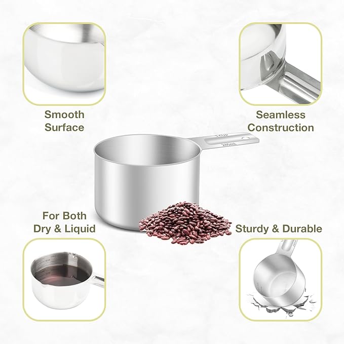 BERYLER 2PCS 1Cup (240ml, 8oz) Single Measuring Cup, Etched Inner Scale Stainless Steel Measure Scoop, Metric and US Measurement, Dishwasher Safe