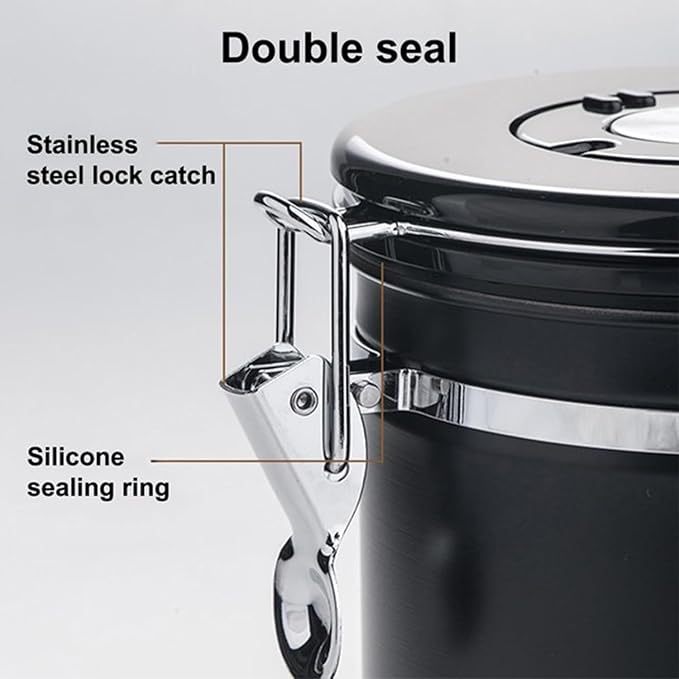 Coffee Airtight Canister, 60 fl oz Black Stainless Steel, Pantry & Storage for Coffee Beans, Rice, Tea, Sugar, Cereal, Flour