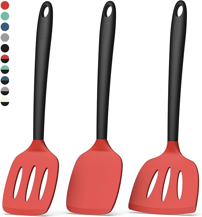 Coukre 3 Pack Silicone Spatula Set, High Heat Resistant, BPA-Free, Fish Spatula, Solid & Slotted Turner for Non-Stick Pans, Flipping Eggs, Pancakes, Fish, Burgers (3, Red)