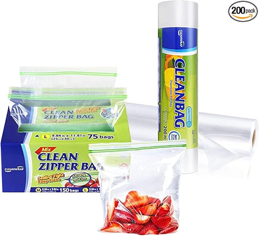 CLEANWRAP Food Storage Roll Bags (9.84 * 13.78-200 PCS) + Zipper Bag (Mix 225 Bags) | Food Plastic Bags, Mini Plastic Bags, Plastic Bread Bags, Roll Plastic Bags, Plastic Produce Bag