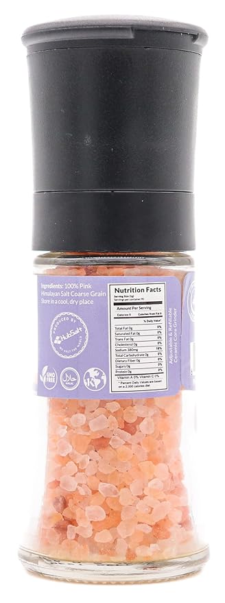 Himalayan Secrets Pink Salt Coarse Grinder - Natural Gourmet Cooking Salt, Kosher Certified, Unrefined, Mineral Rich, Bold Flavor, No Additives, Refillable Container with Ceramic Mill (3.17 oz)