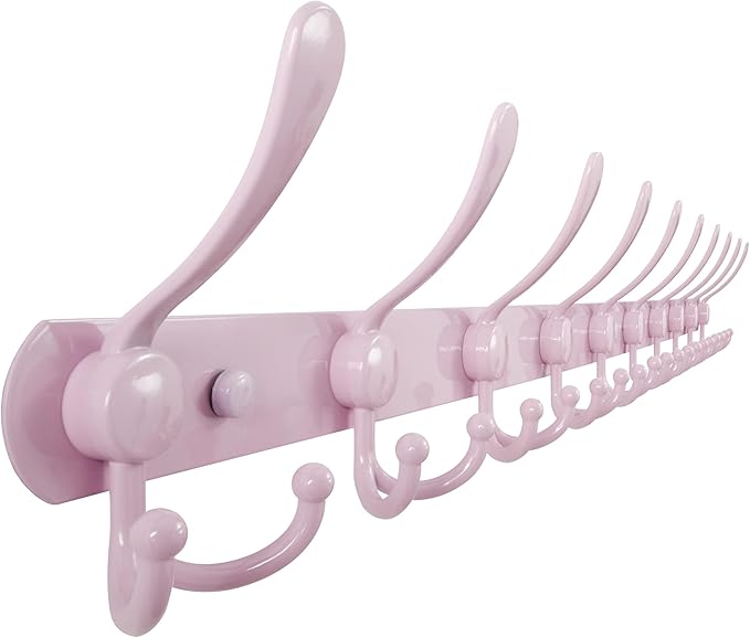 Dseap Coat Rack Wall Mount - 38??Long 10-Tri-Hooks Heavy Duty Coat Hanger Rail Wall Hooks for Hanging Coats Hats Clothing Clothes Purse Mudroom Entryway, Pink