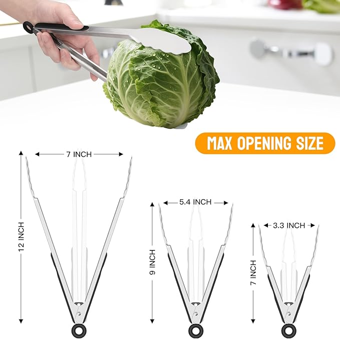 Hotec Stainless Steel Kitchen Tongs, Set of 3-7", 9" and 12", Locking Metal Food Tongs for Cooking, Serving, BBQ, Grill Non-Slip Grip