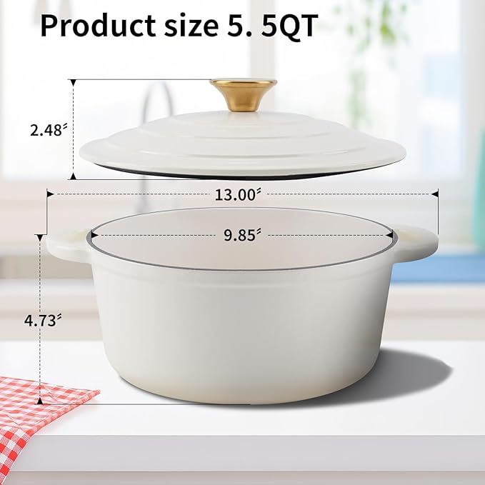 Enameled Cast Iron Dutch Oven Pot with Lid Heavy-Duty Cookware for Bread Baking,Braising,Stews,Roasting,Oven Safe up to 500째F,5.5QT,creamy white