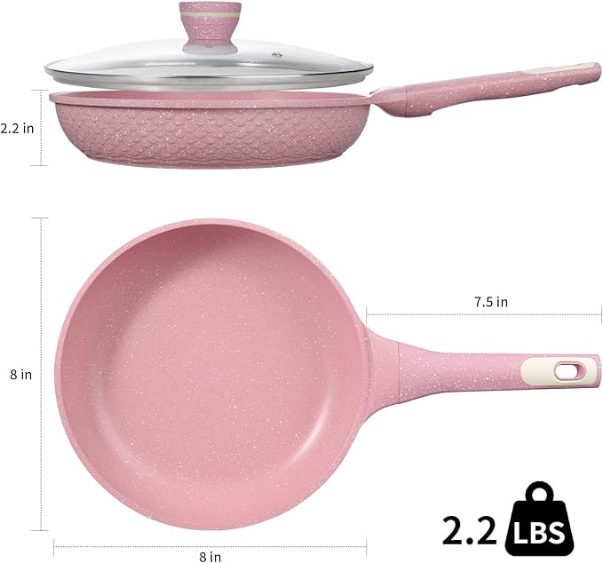 8 Inch Non Stick Frying Pans with Lid - 100% PFOA PFAS Free, Super Nonstick, All Stovetop Compatible Induction Gas Electric, Omelette & Egg Pan, Dishwasher Safe, Eco-Friendly Pink Pan