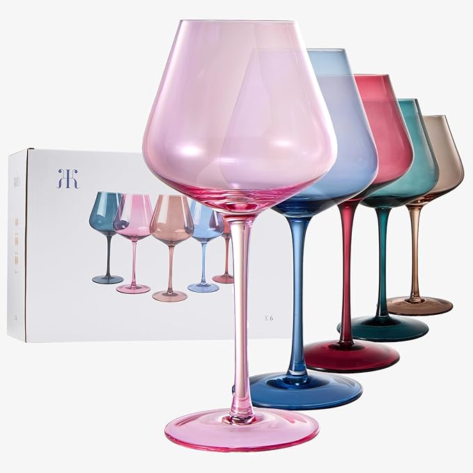 Khen Flower Blooms Colored Crystal Wine Glass Set of 5, Large 20 OZ Glasses, Color Blooms Unique Italian Style Tall Stemmed Drinkware for Red & White Wine, Water Dinner Gift, Beautiful Gifts Glassware