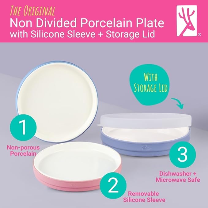 Elk and Friends Kids 7.8??Porcelain White Plates with Silicone Sleeves + Lids | Suitable for Babies/Toddlers | Microwave & Dishwasher Safe | Non Slip Dinnerware | Snack Dishes | 4 Pack