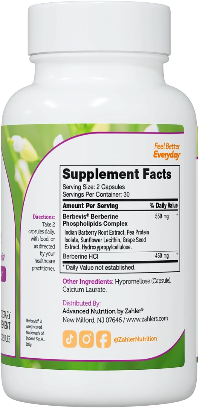 Zahler Berberine with Clinically Evaluated Berbevis, Metabolism and Glucos Support Formula, 60 Capsules.