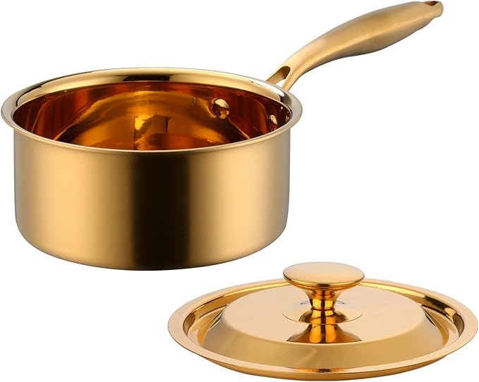 BuyGo 18/8 Stainless Steel Saucepan, 2.5 Quart Gold Pan with Heat Resistant Long Handle, 3-Layer Multipurpose Cookware Pot, Compatible Stovetops: Gas, Electric, Dishwasher Safe