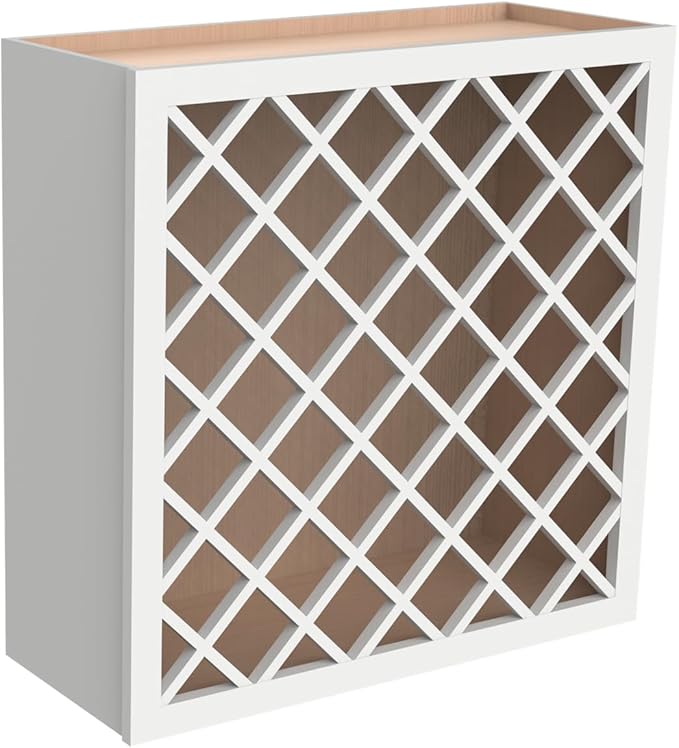 Solid Wood RTA Wine Bottle Rack Wall Cabinet with Lattice Panels - Bottle Holder Storage for Bar, Pantry, or Wine Cellar - Mocha finish Countertop Solution (Origami White, 24?쓂 횞 12?쒭 횞 30?쒱)