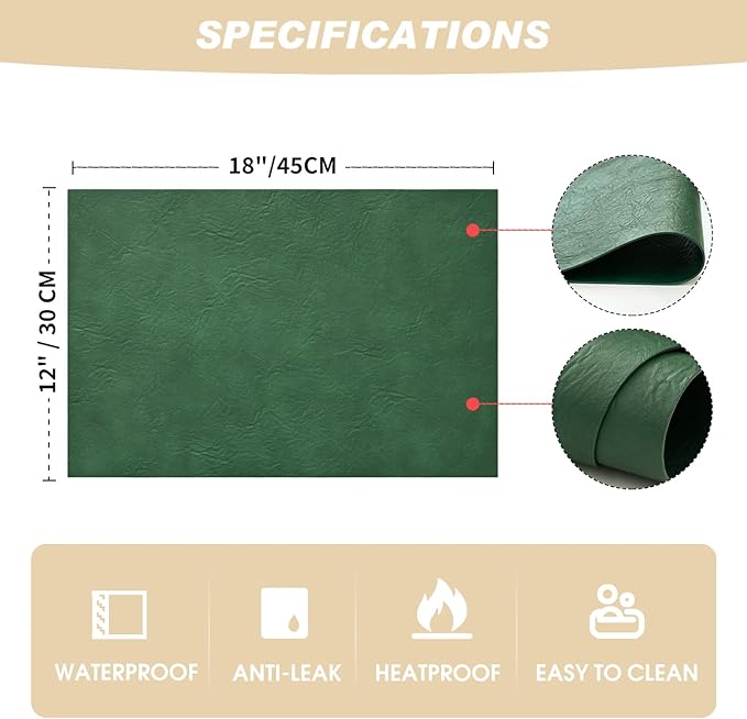 Artoid Mode Green Faux Leather Placemats Set of 4, 12x18 Inch Waterproof Wipeable Heat Resistant Place Mats, Reversible Table Mats for St. Patrick's Day Dining Decor