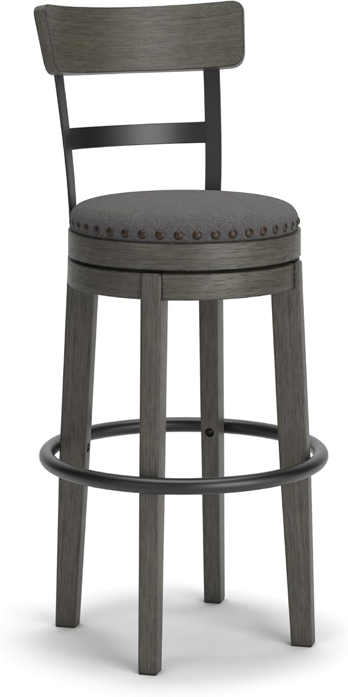 Signature Design by Ashley Caitbrook Casual Farmhouse Tall Upholstered Swivel Barstool, Nailhead Trim, Solid Wood, 30" H, Gray