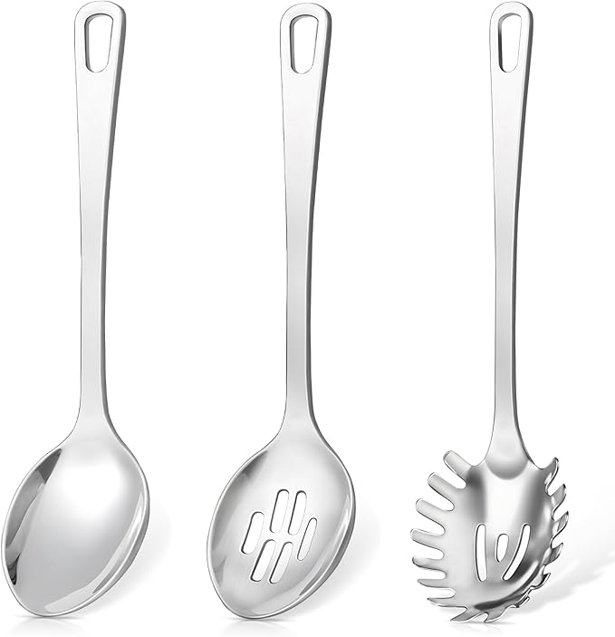 3 Pcs Stainless Steel Cooking Utensils Set, Heat Resistant Kitchen Utensils, Metal Kitchen Tools Include Solid & Slotted Spoon, Pasta Server, Ergonomic Handle, Dishwasher Safe, Easy to Clean, Silver