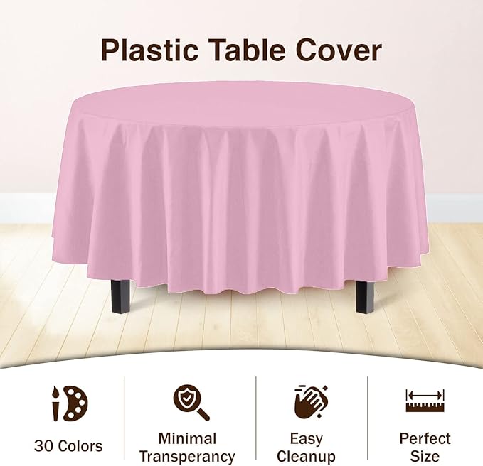 Party Solids 6-Pack Premium Plastic Tablecloth 84in. Round Plastic Table Cover - Pink
