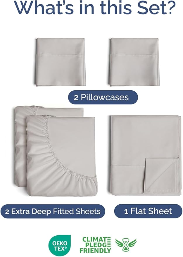 Extra Deep Pocket Split King Sheets - 5 Piece Breathable & Cooling Bed Sheets - Hotel Luxury Bed Sheet Set - Soft, Wrinkle Free & Comfy - Easily Fits Extra Deep Mattresses - Light Grey Sheets Set