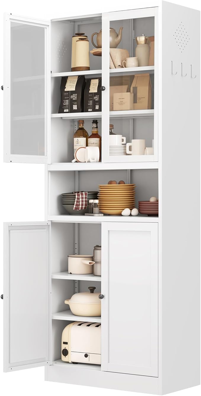 Kitchen Pantry Cabinet with Microwave Stand, 72" Tall Kitchen Hutch Storage Metal Pantry for Kitchen Dining Room Living Room Bathroom,Assembly Required (White)