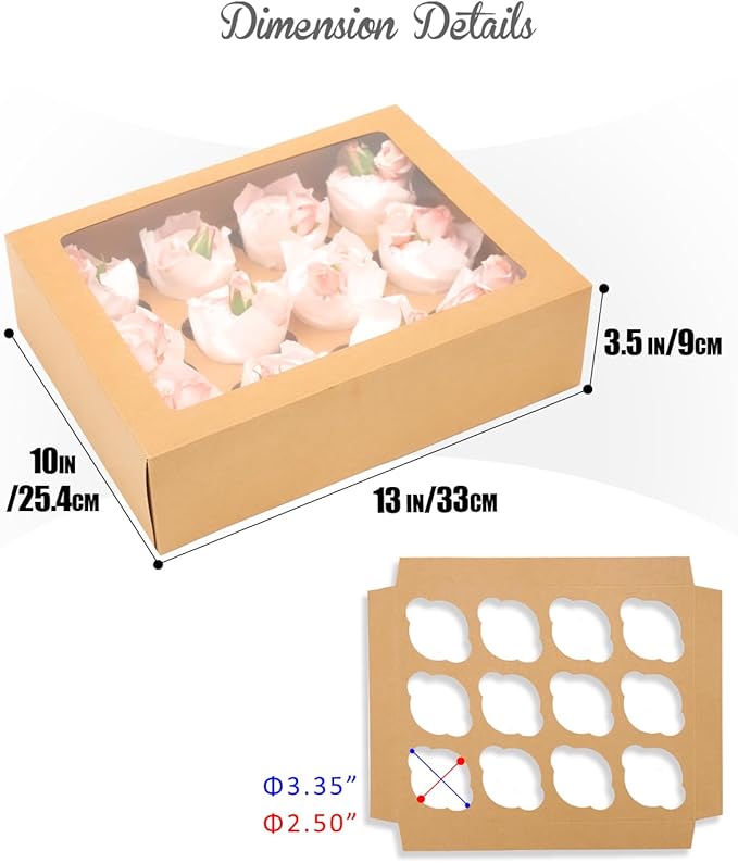 qiqee Auto-pop Up Cupcake Boxes with Window Brown 40PCS 12 Count Cupcake Box 13"x10"x3.5" Cupcakes Carrier, 12 Cupcake Containers with 2 rolls of pink ribbons
