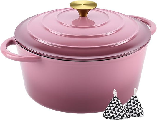 Miereirl 4.5 Quart Enameled Dutch Oven Pot with Lid, Cast Iron Dutch Oven with Dual Handles for Bread Baking, Cooking, Non-stick Enamel Coated Cookware, Rose