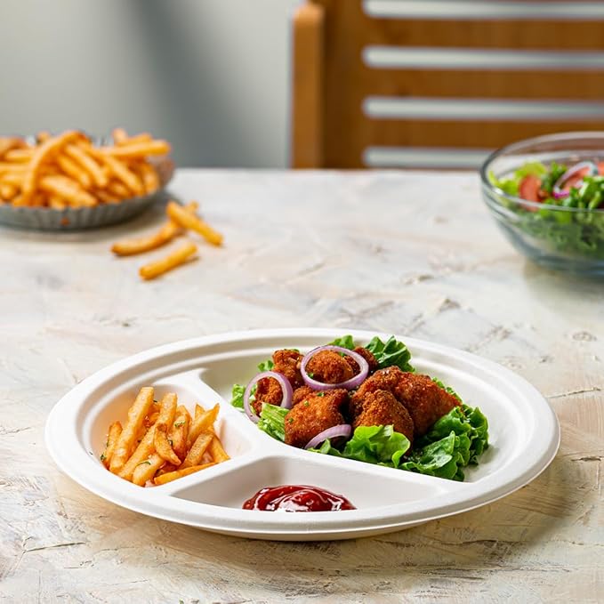 GUSTO [Case of 500 100% Compostable 3 Compartment - 9 Inch Paper White Heavy-Duty Divided Disposable Biodegradable Plates (Formerly Comfy Package)